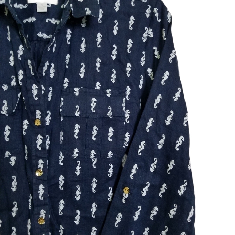 Charter Club Navy White Seahorse Linen Button Up S - Picture 3 of 6